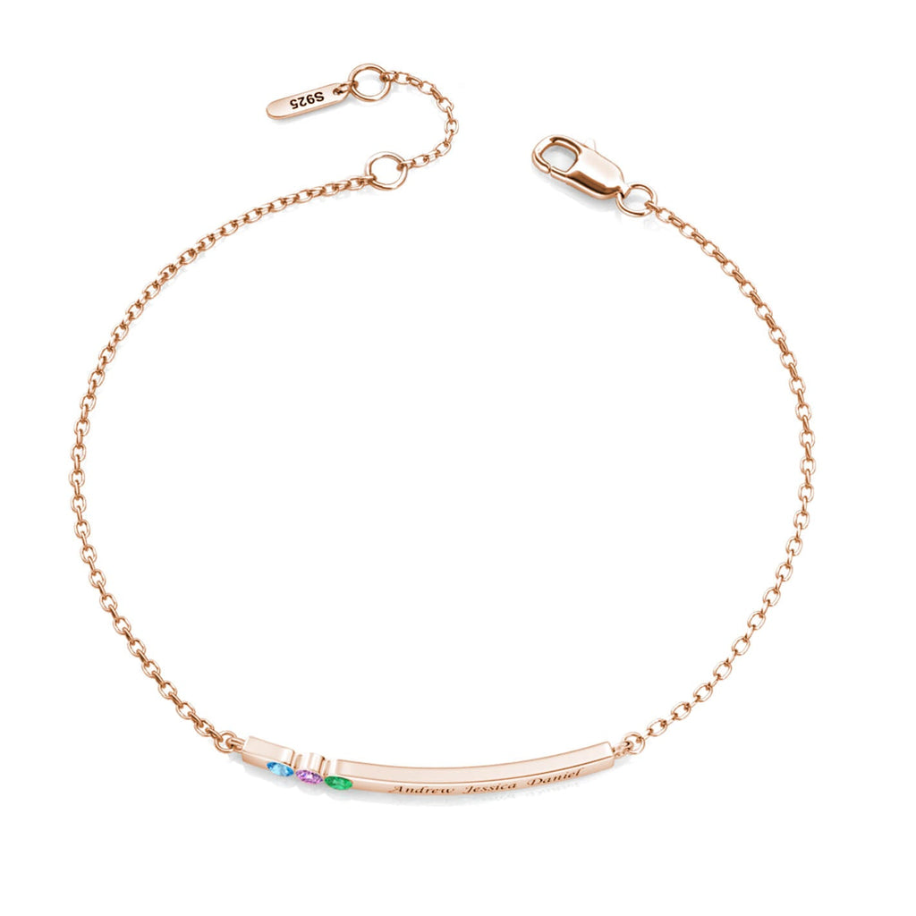 Personalised 3 Birthstone Bar Bracelet with Engraving - Rose Gold - IFSHE UK