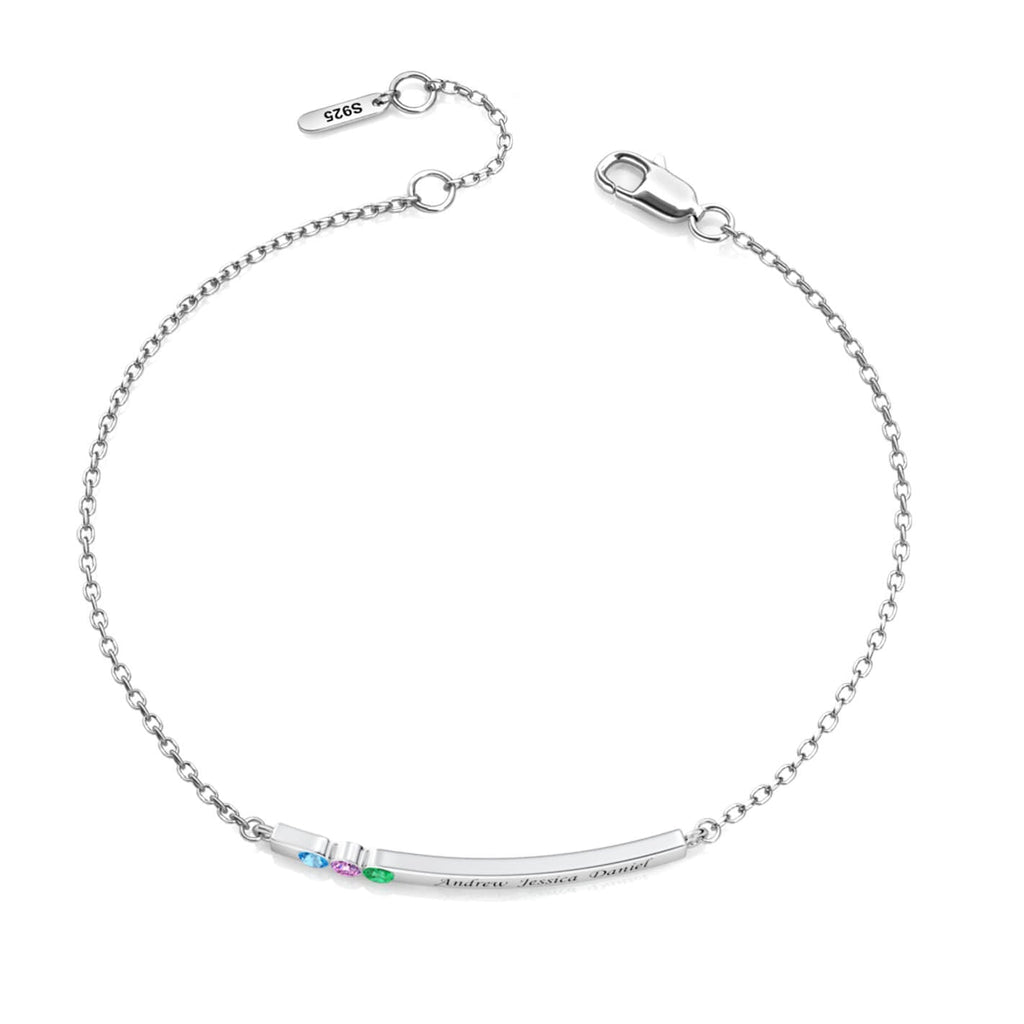 Personalised 3 Birthstone Bar Bracelet with Engraving - Sterling Silver - IFSHE UK