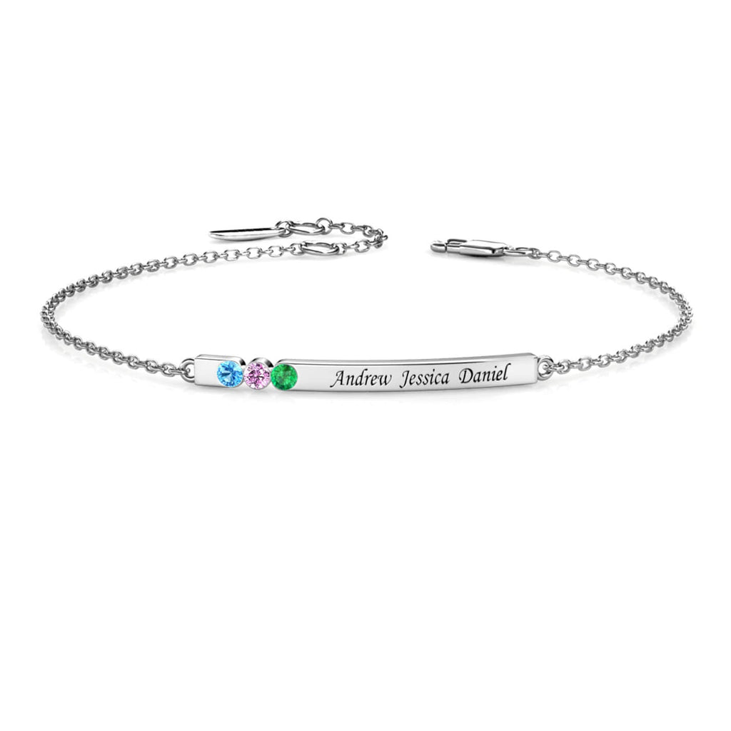 Personalised 3 Birthstone Bar Bracelet with Engraving - Sterling Silver - IFSHE UK