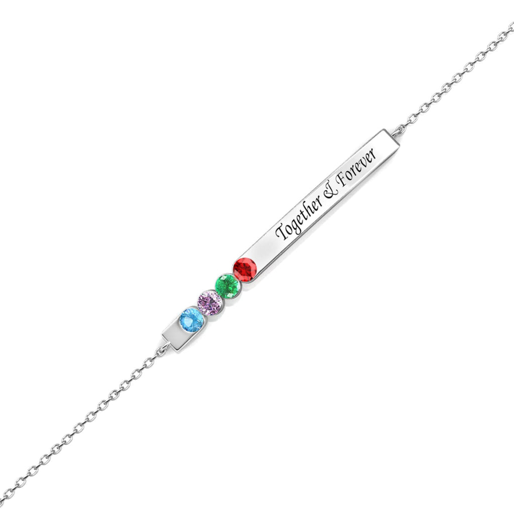 Personalised 4 Birthstone Bar Bracelet with Engraving - Sterling Silver - IFSHE UK