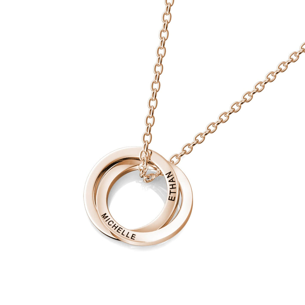 Russian 2 Ring Necklace - Engraved 2 Name Necklace - Sterling Silver - Rose Gold