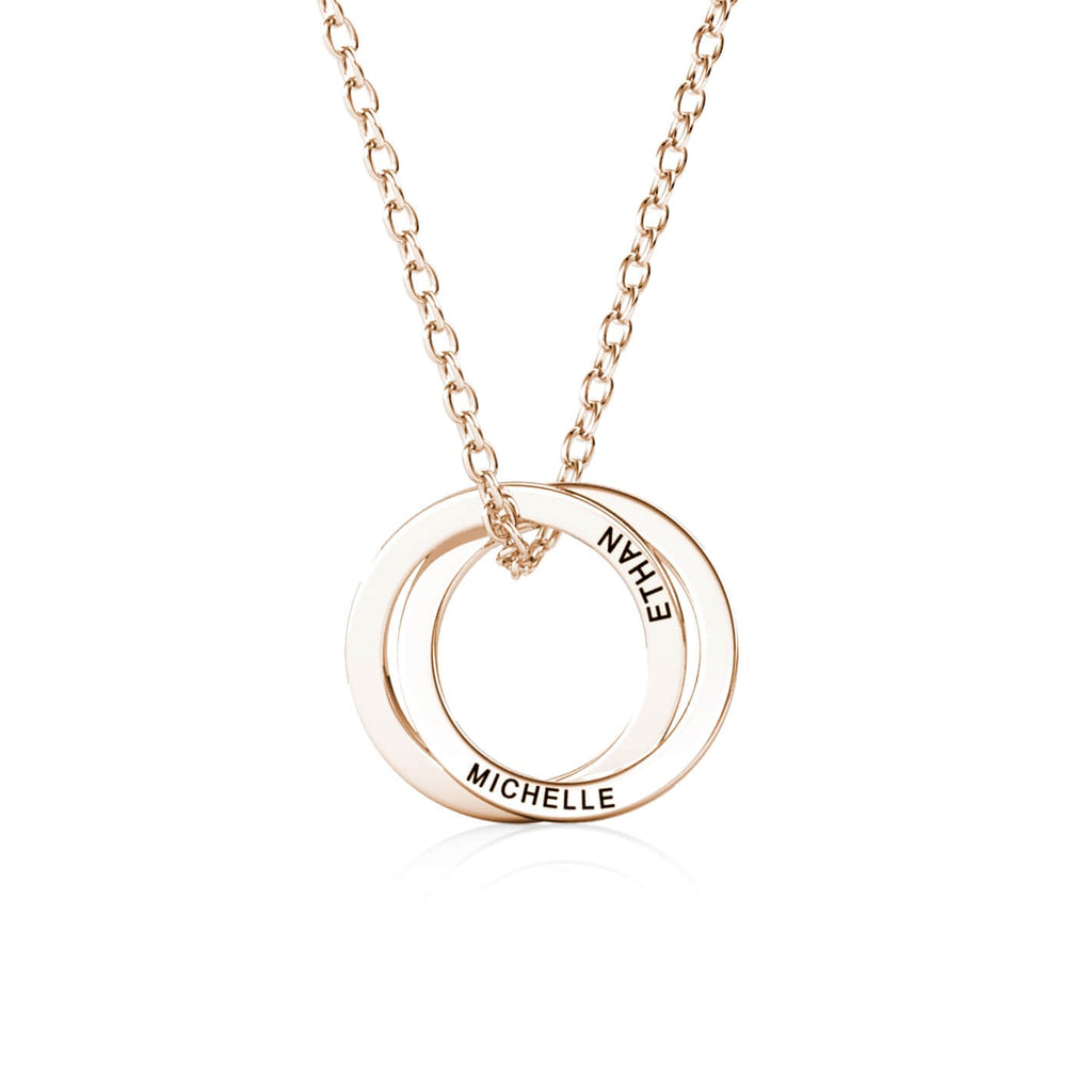 Russian 2 Ring Necklace - Engraved 2 Name Necklace - Sterling Silver - Rose Gold
