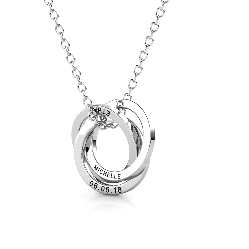 Russian 3 Ring Necklace - Engraved 3 Name Necklace - Sterling Silver