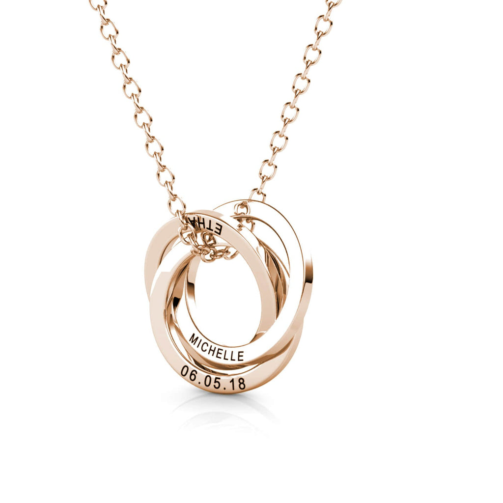 Russian 3 Ring Necklace - Engraved 3 Name Necklace - Sterling Silver - Rose Gold