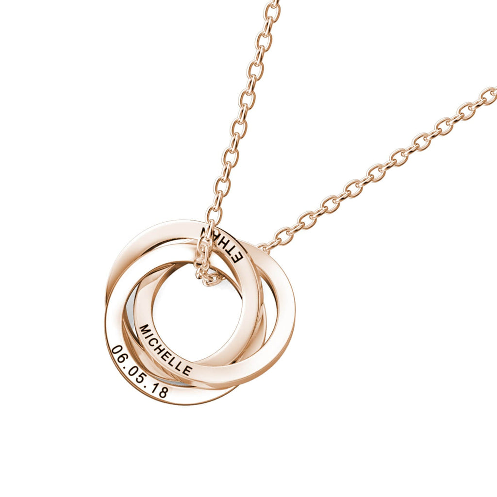 Russian 3 Ring Necklace - Engraved 3 Name Necklace - Sterling Silver - Rose Gold