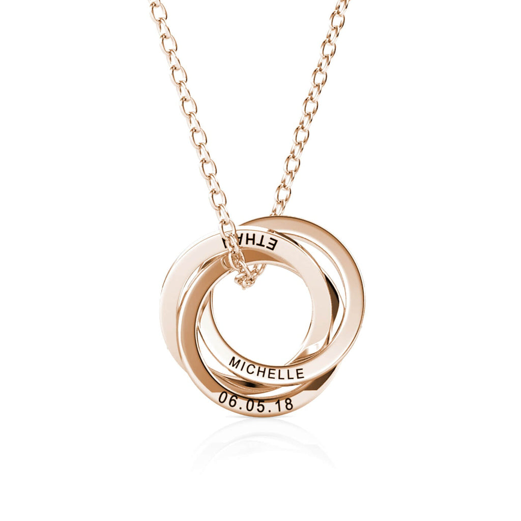 Russian 3 Ring Necklace - Engraved 3 Name Necklace - Sterling Silver - Rose Gold
