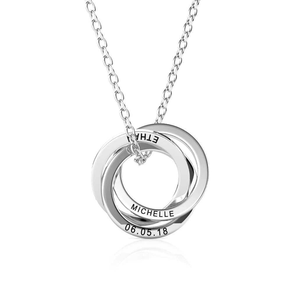 Russian 3 Ring Necklace - Engraved 3 Name Necklace - Sterling Silver
