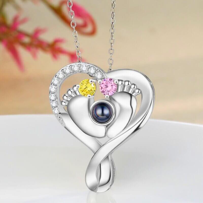 Baby Feet Heart Photo Projection Necklace with 2 Birthstones