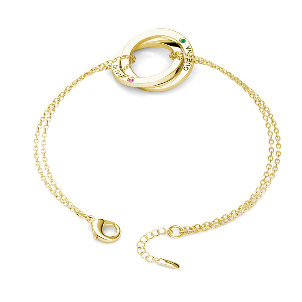 Birthstone Russian 2 Ring Bracelet - Engraved 2 Name Bracelet - Sterling Silver - Gold