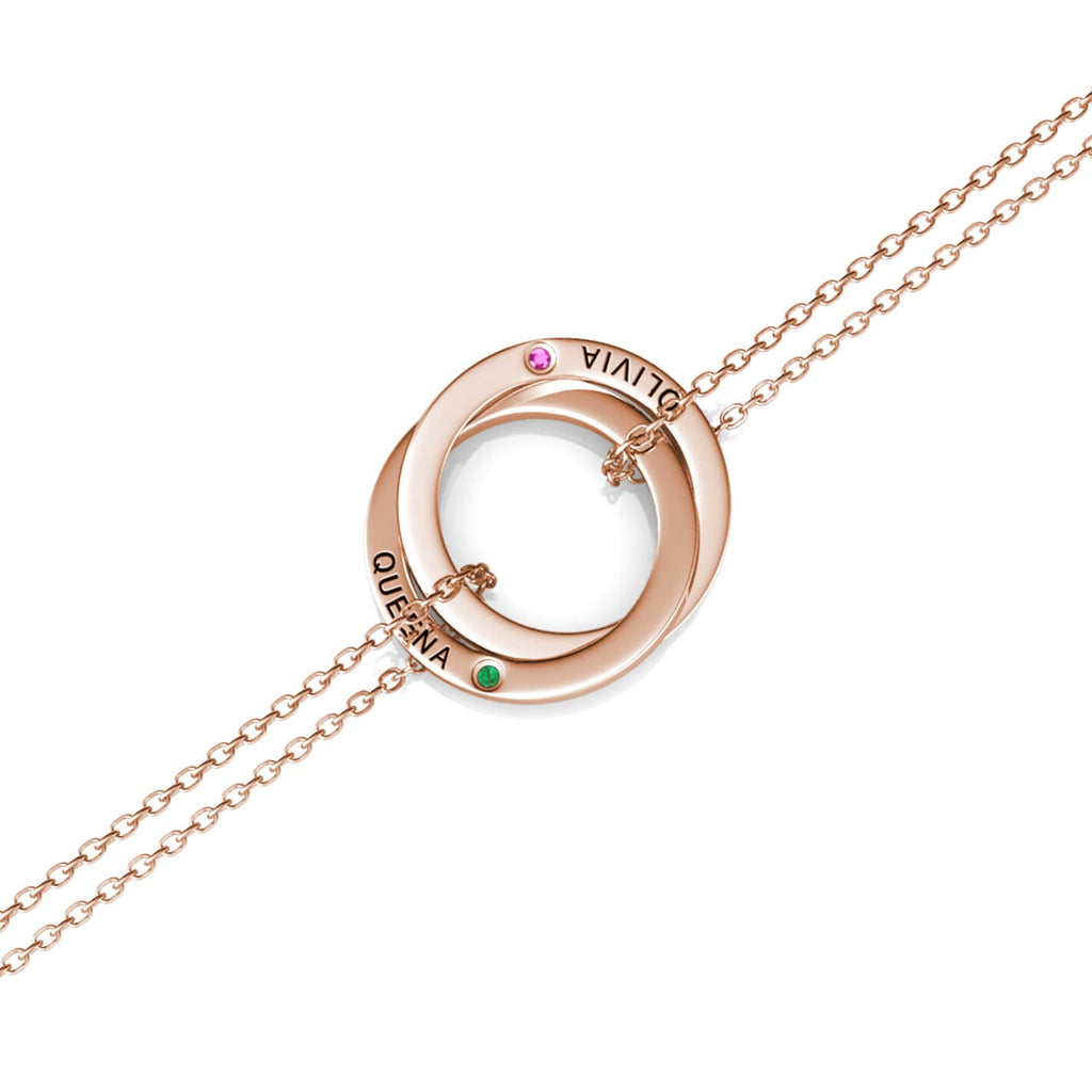 Birthstone Russian 2 Ring Bracelet - Engraved 2 Name Bracelet - Sterling Silver - Rose Gold