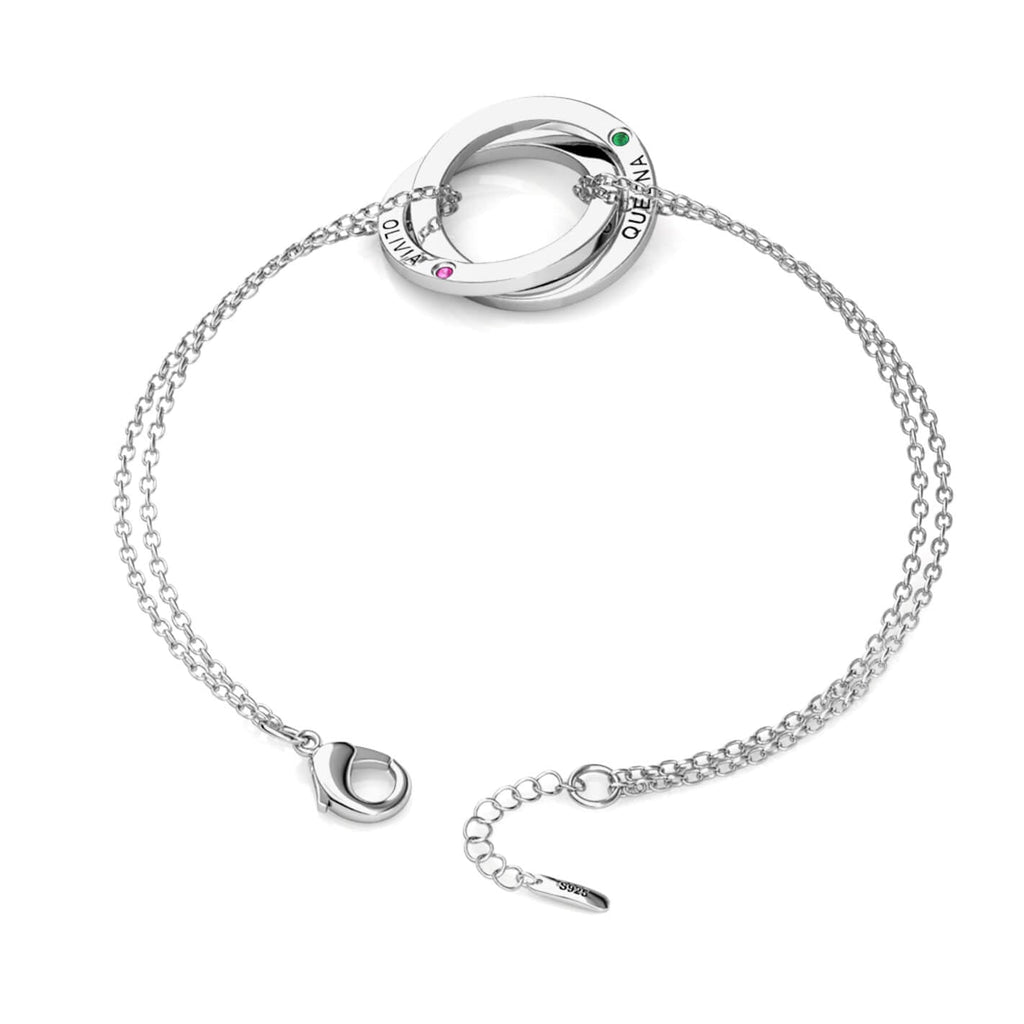 Birthstone Russian 2 Ring Bracelet - Engraved 2 Name Bracelet - Sterling Silver