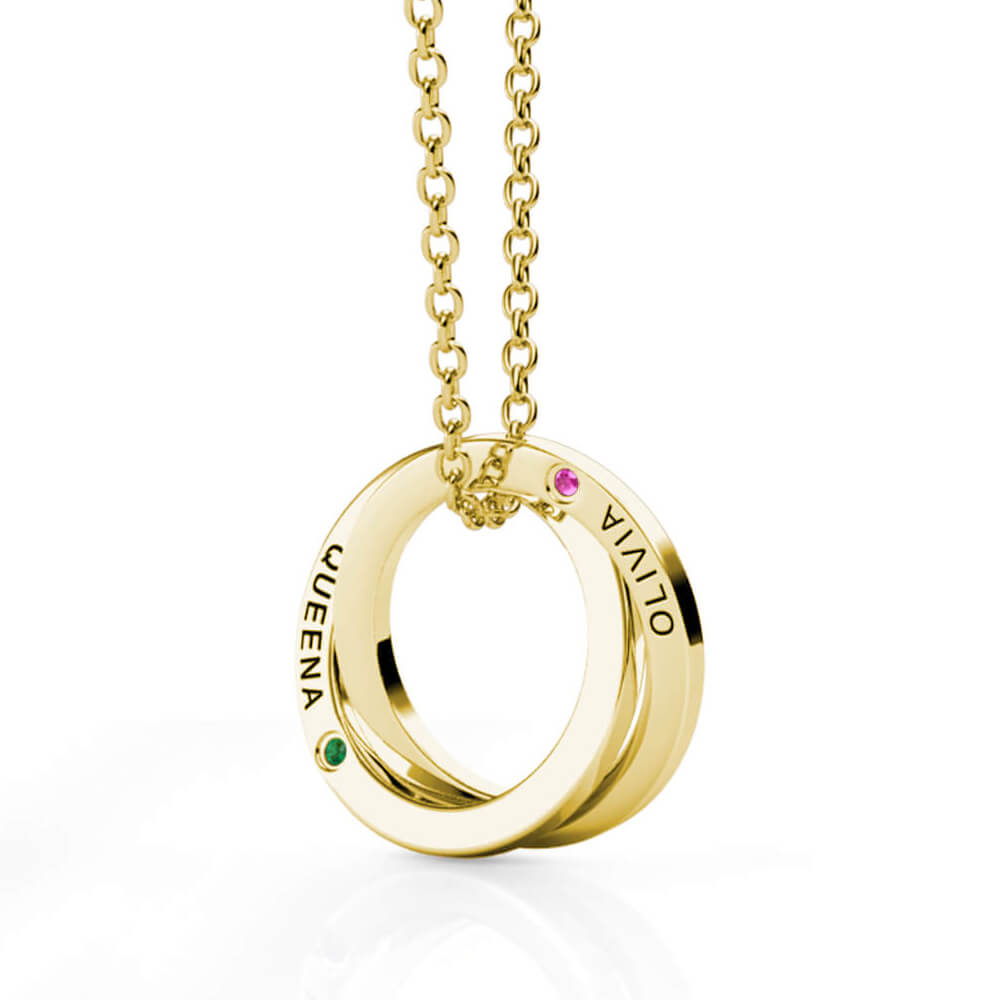 Birthstone Russian 2 Ring Necklace - Engraved 2 Name Necklace - Sterling Silver - Gold