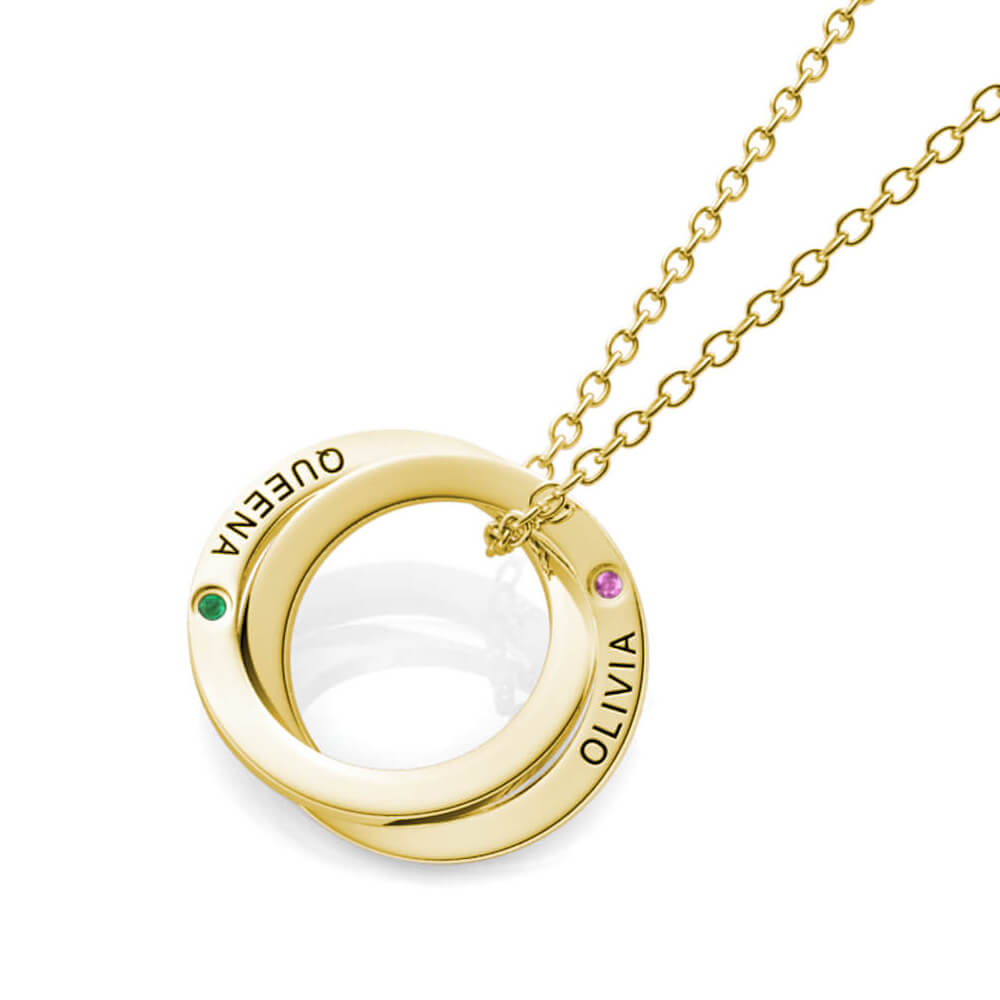 Birthstone Russian 2 Ring Necklace - Engraved 2 Name Necklace - Sterling Silver - Gold