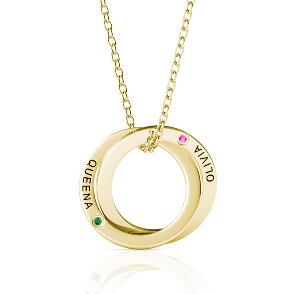 Birthstone Russian 2 Ring Necklace - Engraved 2 Name Necklace - Sterling Silver - Gold