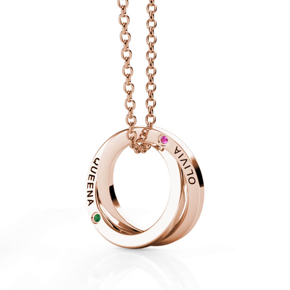 Birthstone Russian 2 Ring Necklace - Engraved 2 Name Necklace - Sterling Silver - Rose Gold