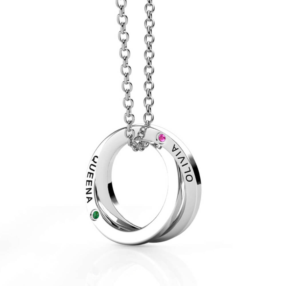 Birthstone Russian 2 Ring Necklace - Engraved 2 Name Necklace - Sterling Silver