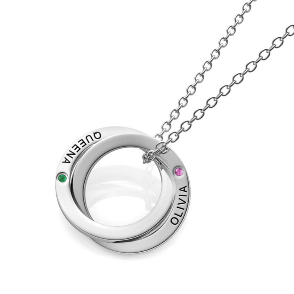 Birthstone Russian 2 Ring Necklace - Engraved 2 Name Necklace - Sterling Silver