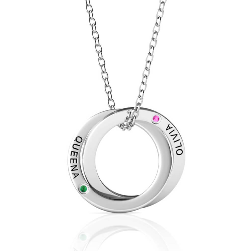 Birthstone Russian 2 Ring Necklace - Engraved 2 Name Necklace - Sterling Silver