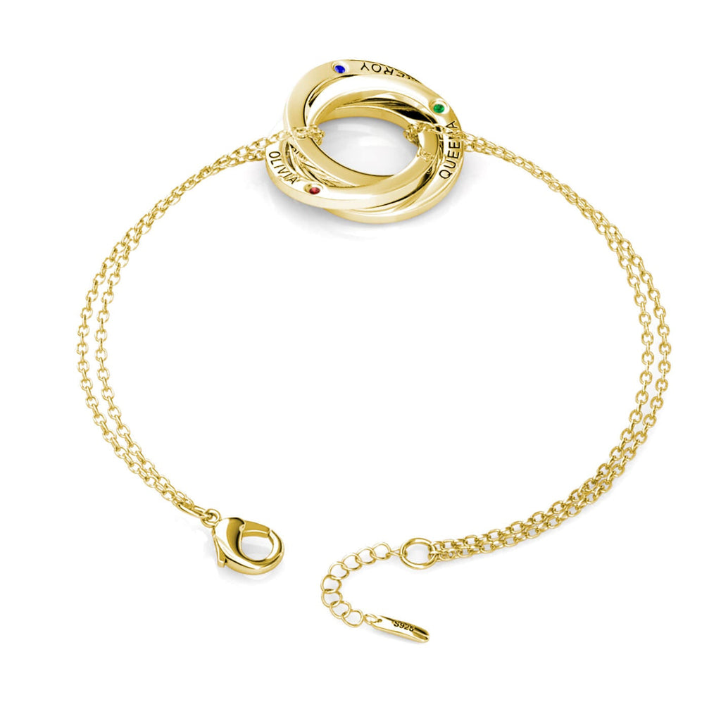 Birthstone Russian 3 Ring Bracelet - Engraved 3 Name Bracelet - Sterling Silver - Gold