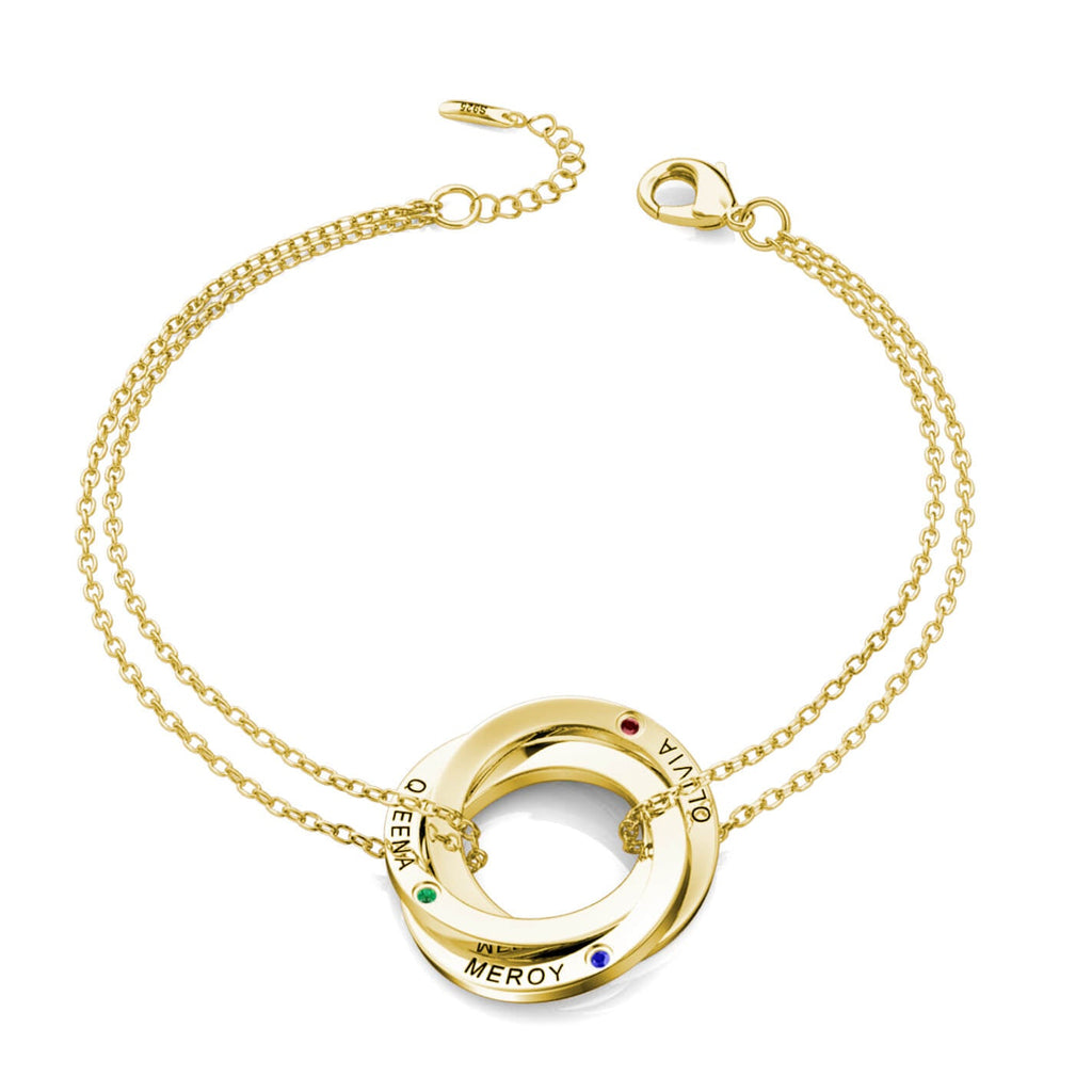 Birthstone Russian 3 Ring Bracelet - Engraved 3 Name Bracelet - Sterling Silver - Gold