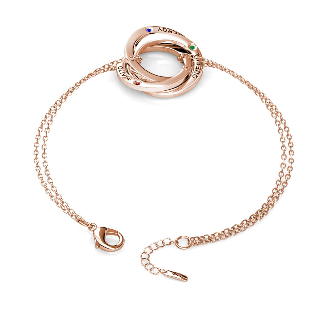 Birthstone Russian 3 Ring Bracelet - Engraved 3 Name Bracelet - Sterling Silver - Rose Gold