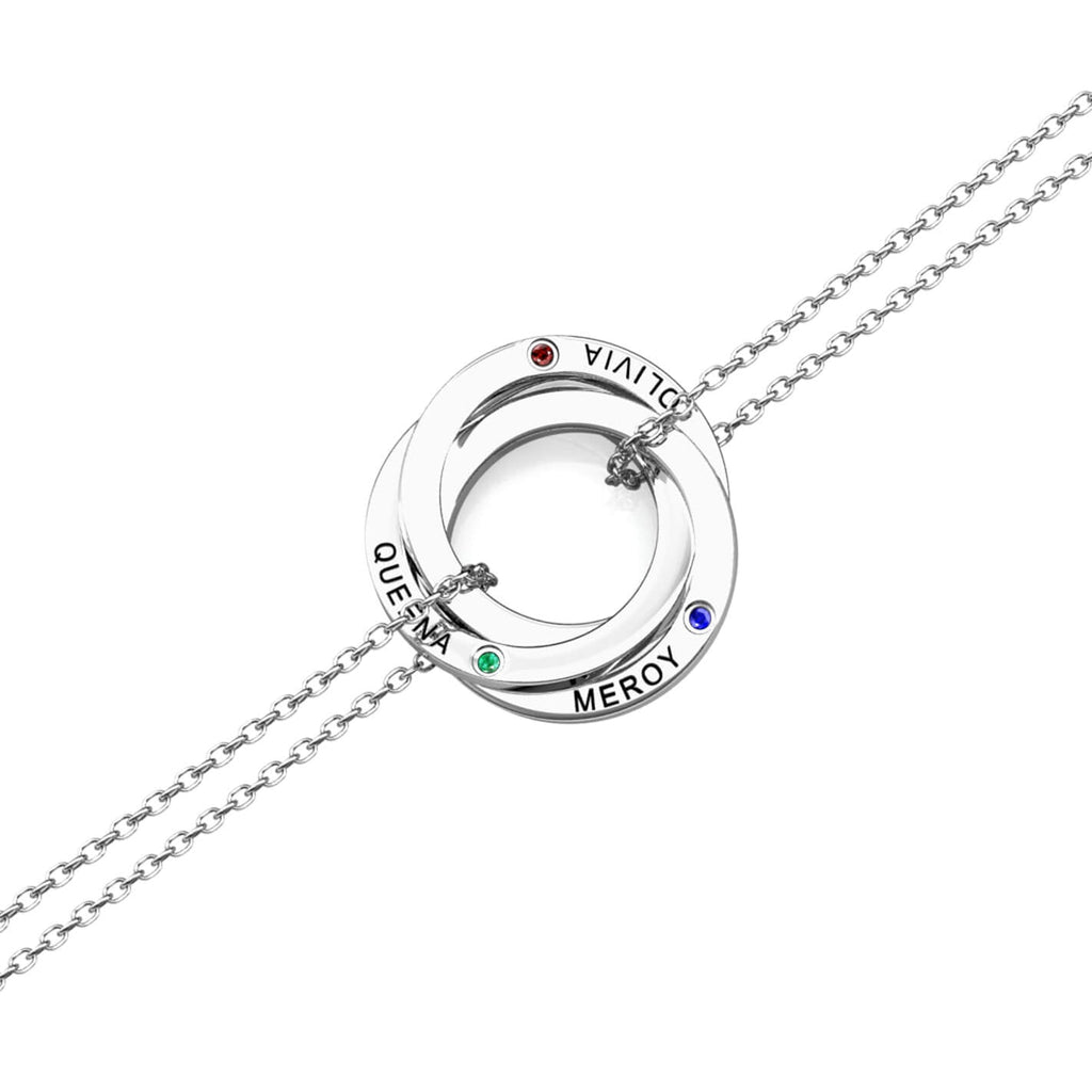 Birthstone Russian 3 Ring Bracelet - Engraved 3 Name Bracelet - Sterling Silver