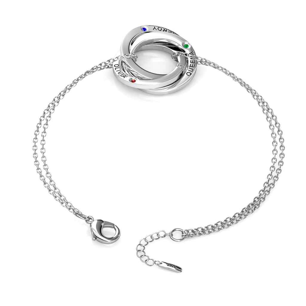 Birthstone Russian 3 Ring Bracelet - Engraved 3 Name Bracelet - Sterling Silver