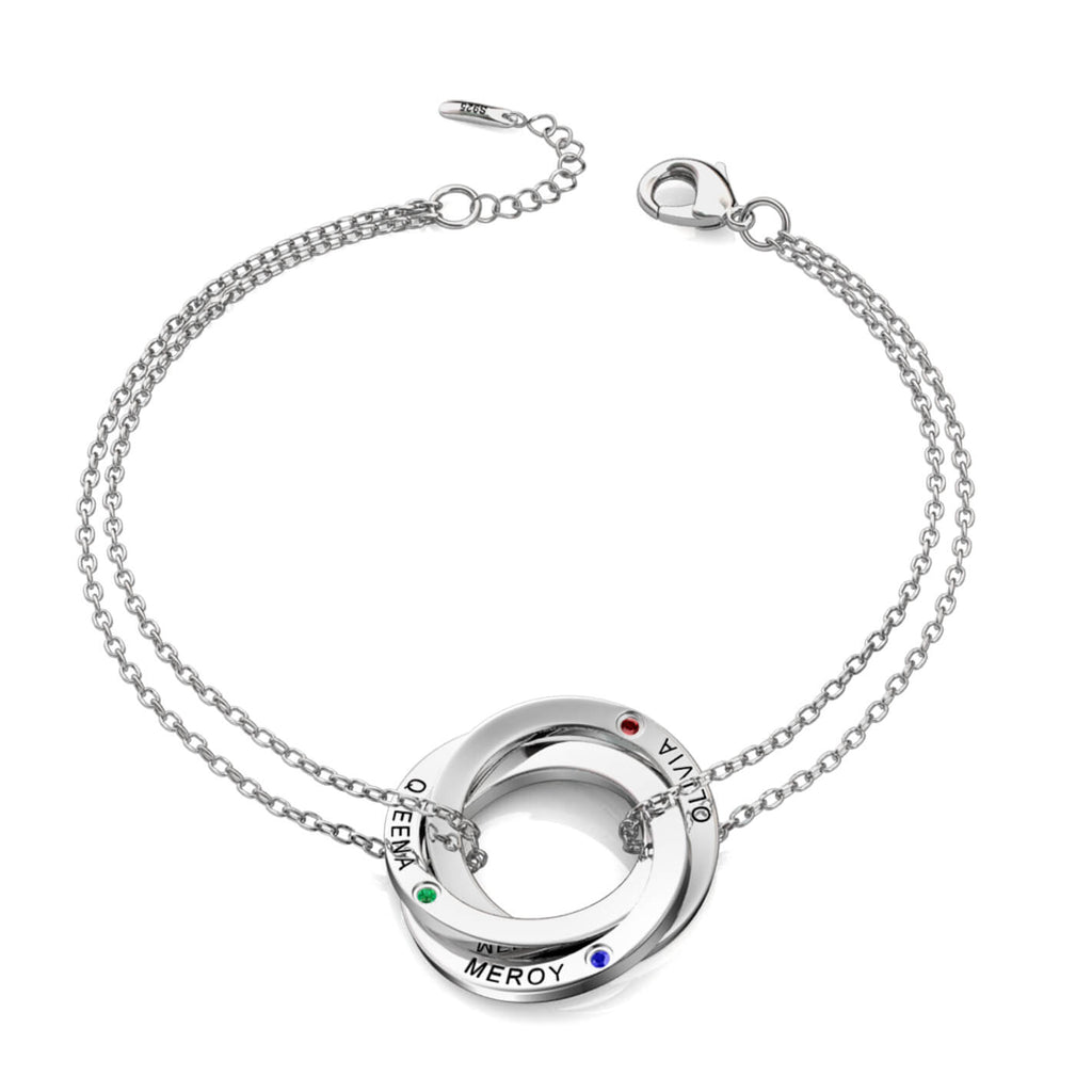 Birthstone Russian 3 Ring Bracelet - Engraved 3 Name Bracelet - Sterling Silver