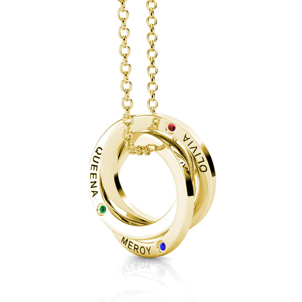 Birthstone Russian 3 Ring Necklace - Engraved 3 Name Necklace - Sterling Silver - Gold