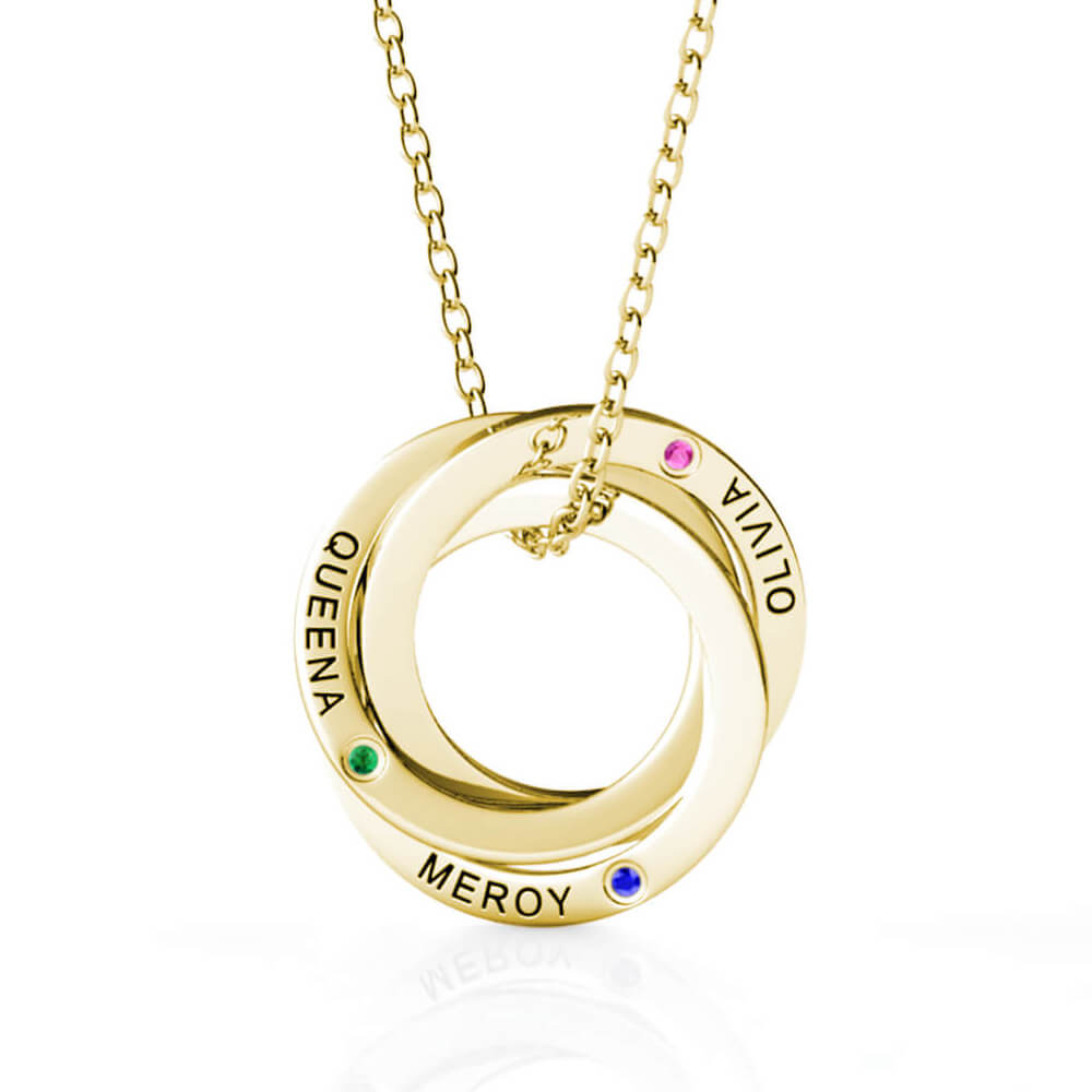 Birthstone Russian 3 Ring Necklace - Engraved 3 Name Necklace - Sterling Silver - Gold