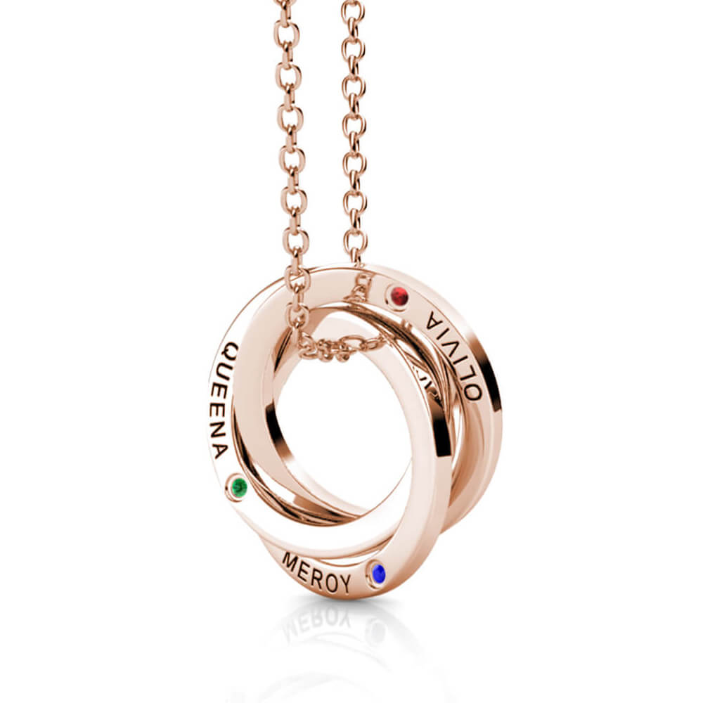 Birthstone Russian 3 Ring Necklace - Engraved 3 Name Necklace - Sterling Silver - Rose Gold