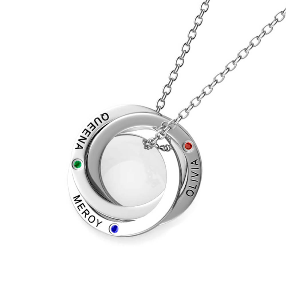 Birthstone Russian 3 Ring Necklace - Engraved 3 Name Necklace - Sterling Silver