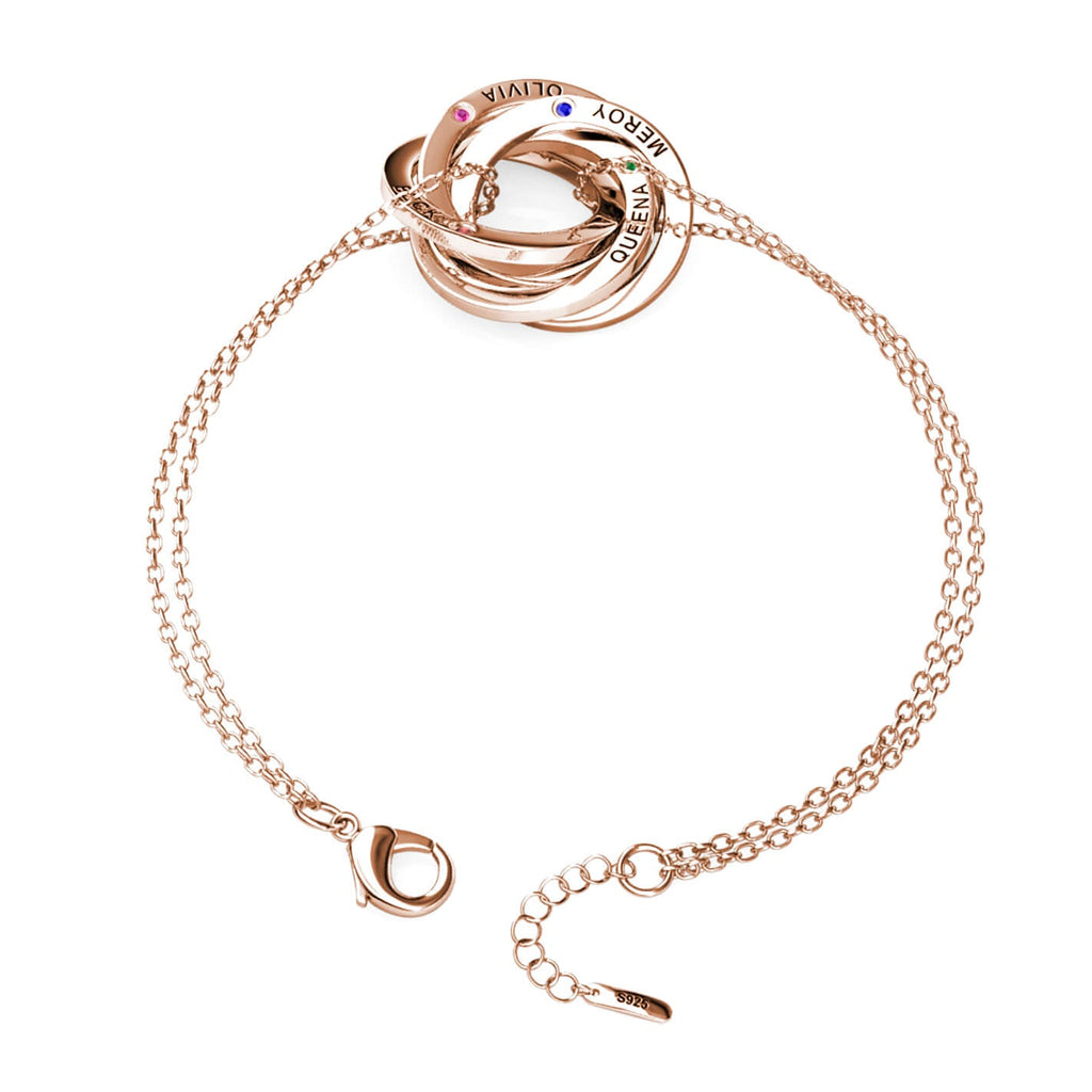 Birthstone Russian 4 Ring Bracelet - Engraved 4 Name Bracelet - Sterling Silver - Rose Gold