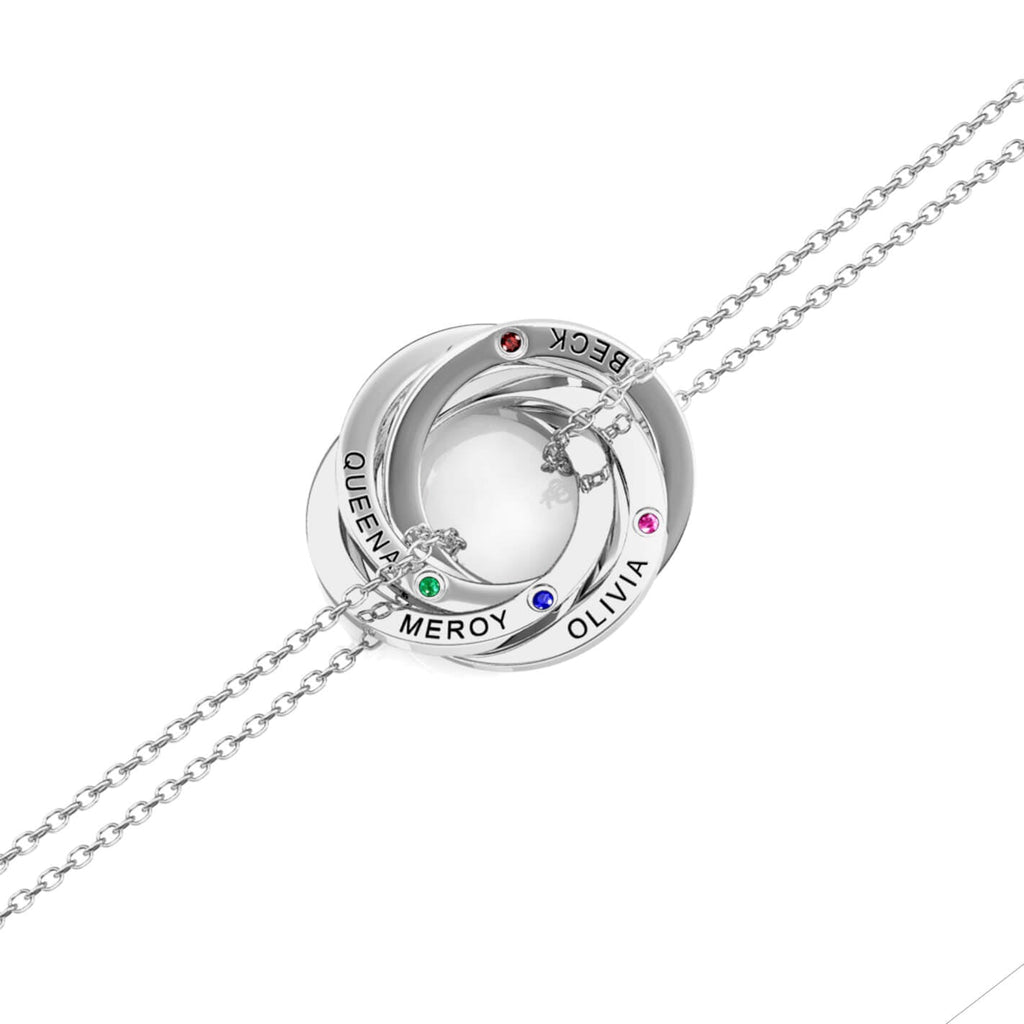Birthstone Russian 4 Ring Bracelet - Engraved 4 Name Bracelet - Sterling Silver