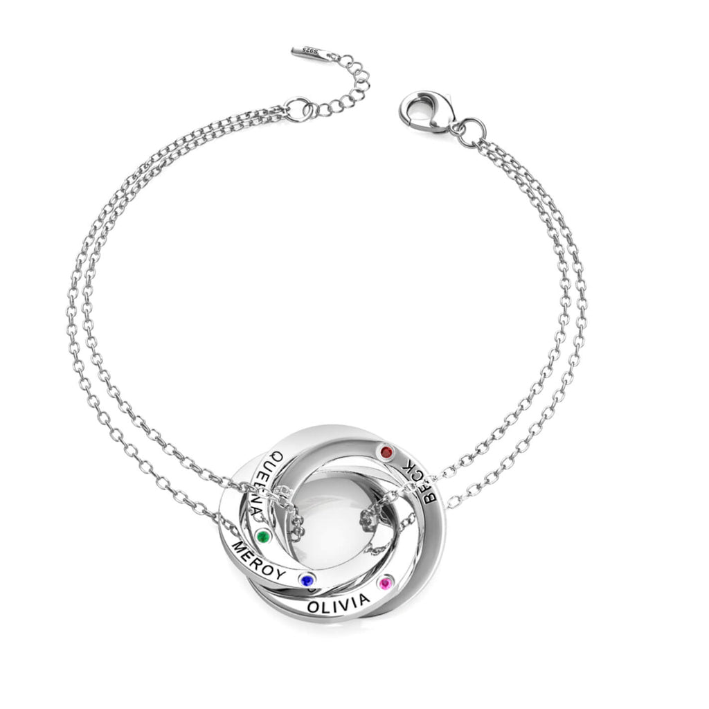 Birthstone Russian 4 Ring Bracelet - Engraved 4 Name Bracelet - Sterling Silver