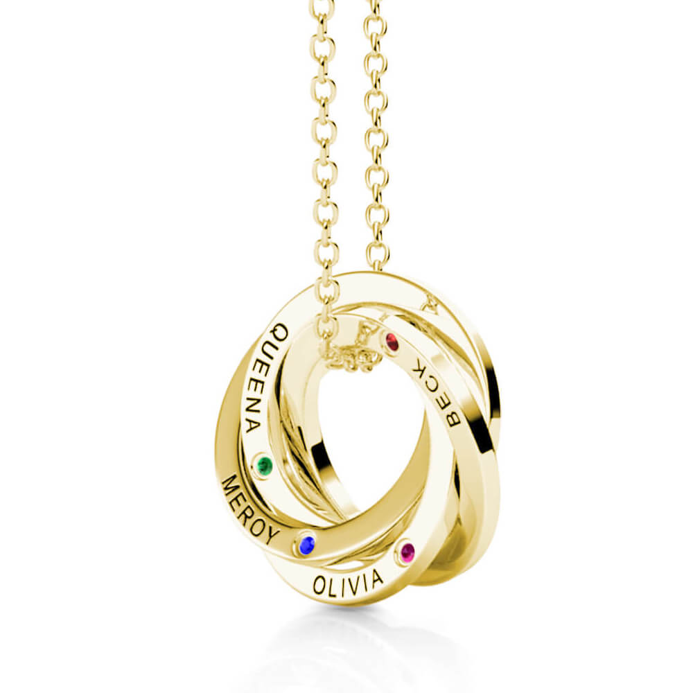 Birthstone Russian 4 Ring Necklace - Engraved 4 Name Necklace - Sterling Silver - Gold