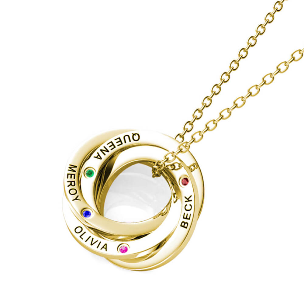 Birthstone Russian 4 Ring Necklace - Engraved 4 Name Necklace - Sterling Silver - Gold