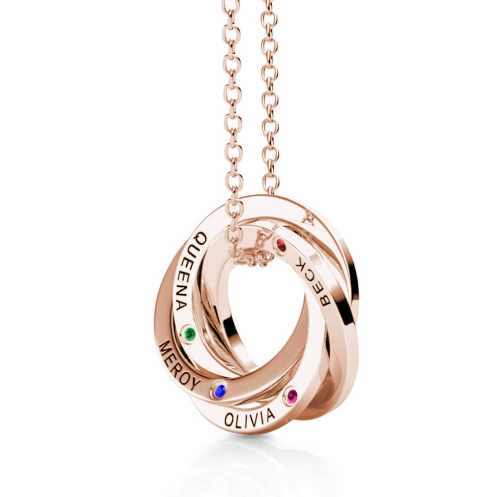 Birthstone Russian 4 Ring Necklace - Engraved 4 Name Necklace - Sterling Silver - Rose Gold