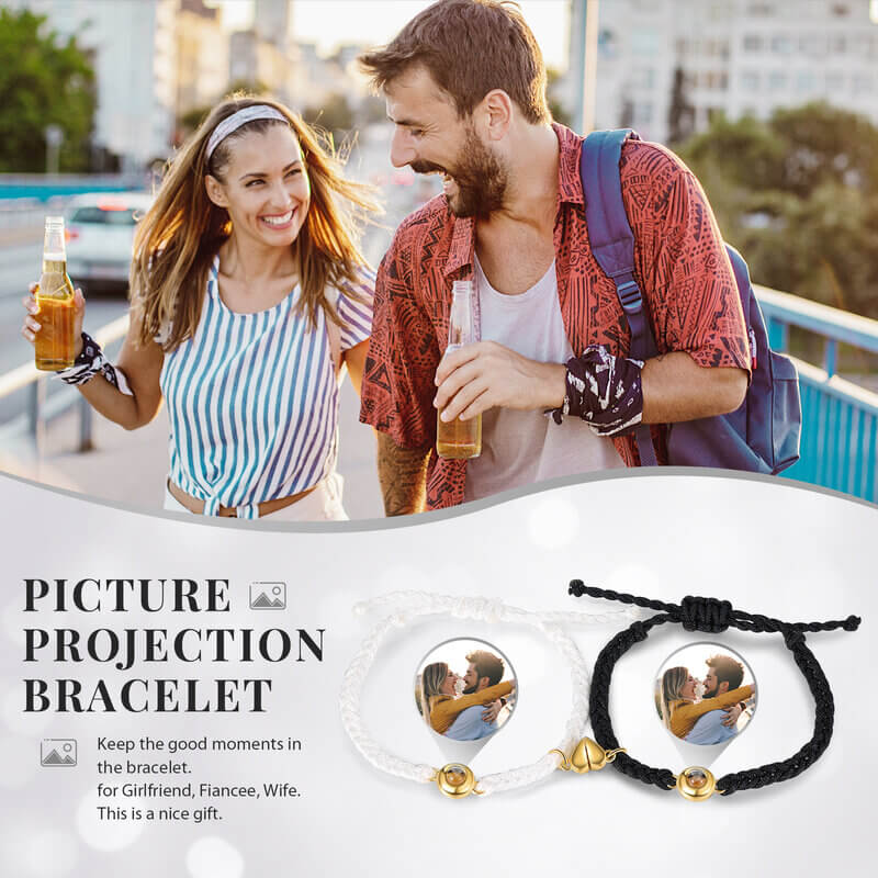 Couple Photo Projection Bracelet Gold Round Charms