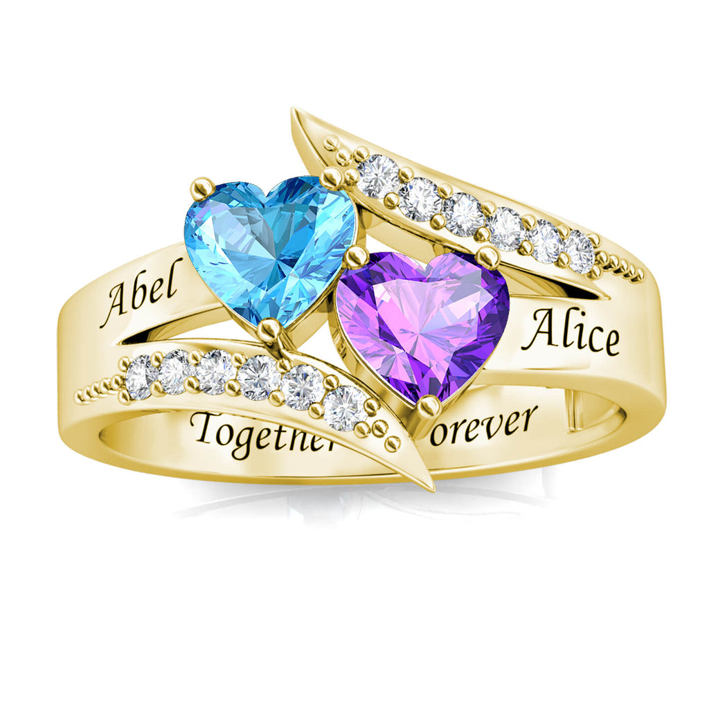 Personalised 2 Birthstone Ring - Engraved Sterling Silver 2 Name Ring - Gold - IFSHE