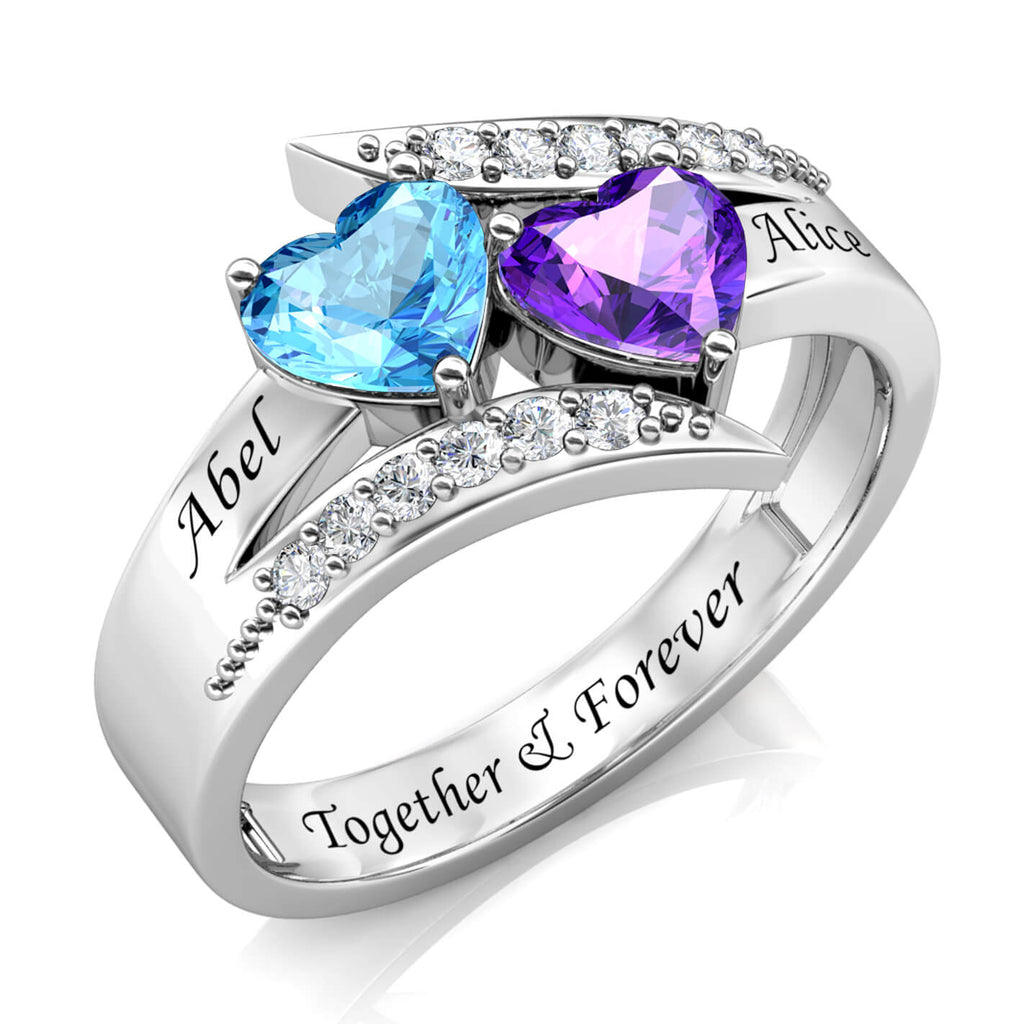 Personalised 2 Birthstone Ring - Engraved Sterling Silver 2 Name Ring - IFSHE
