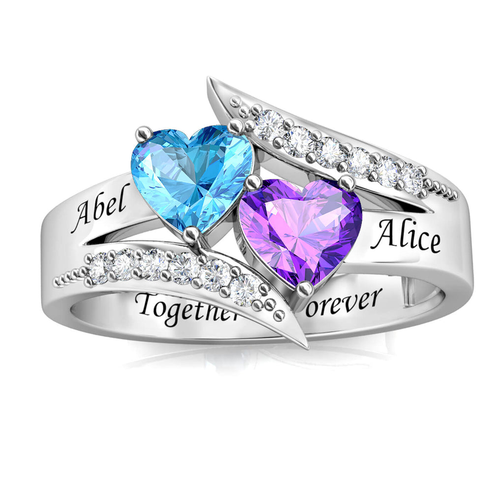 Personalised 2 Birthstone Ring - Engraved Sterling Silver 2 Name Ring - IFSHE