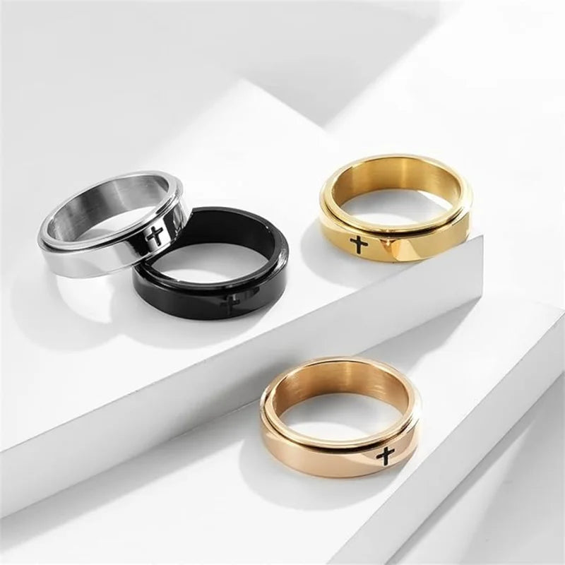 Cross Fidget Ring | Engraved Anxiety Ring | Spinner Ring 3 Colours