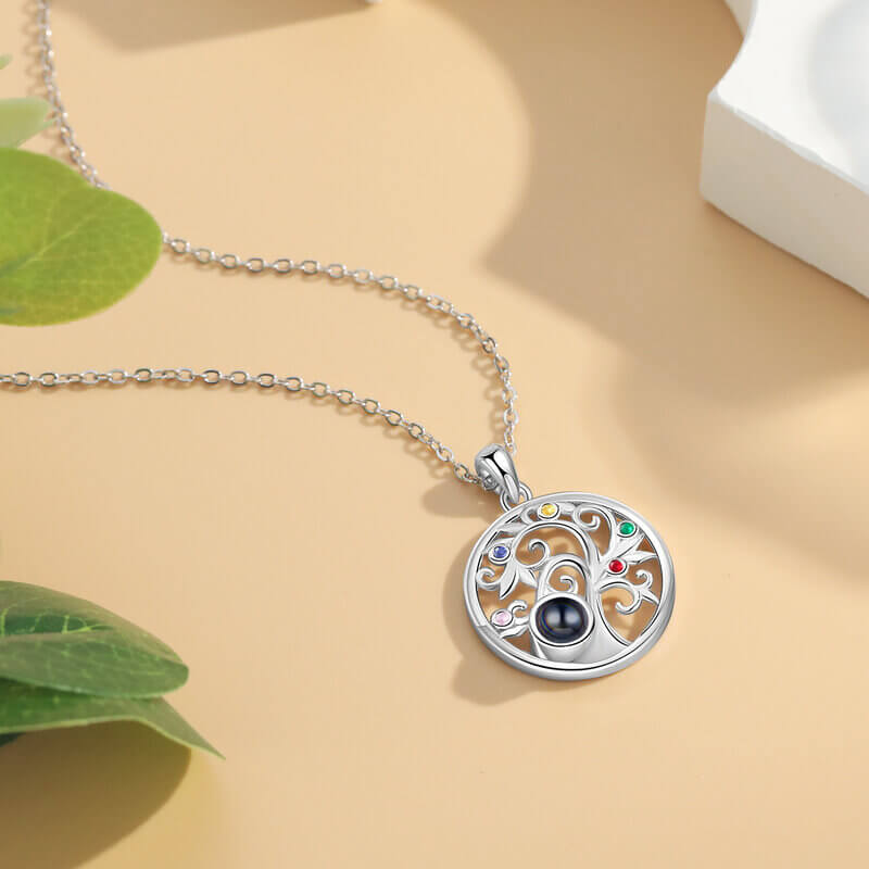 Personalised Family Tree Photo Projection Necklace with Birthstones