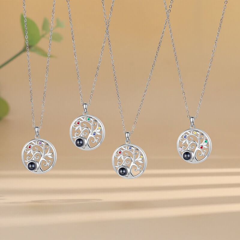 Personalised Family Tree Photo Projection Necklace with Birthstones