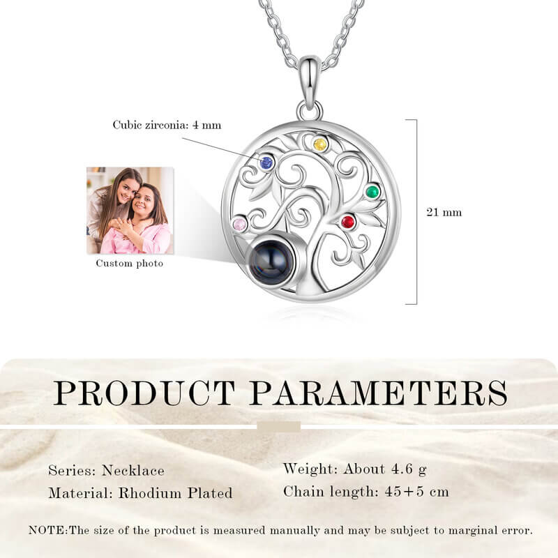 Personalised Family Tree Photo Projection Necklace with Birthstones