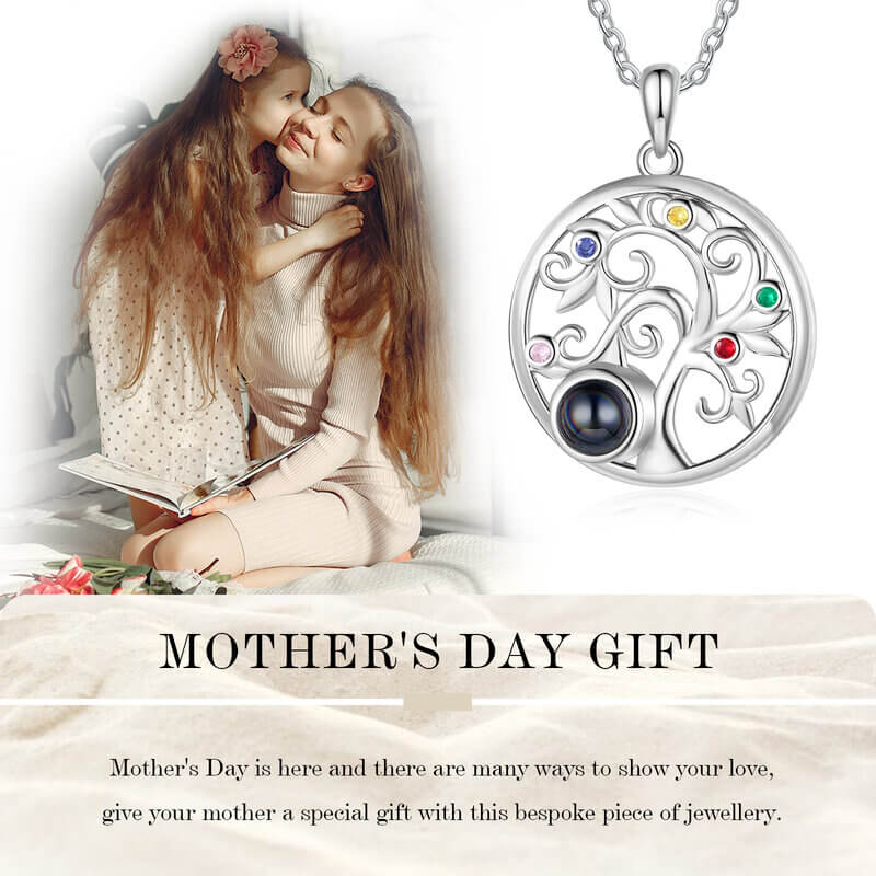 Personalised Family Tree Photo Projection Necklace with Birthstones