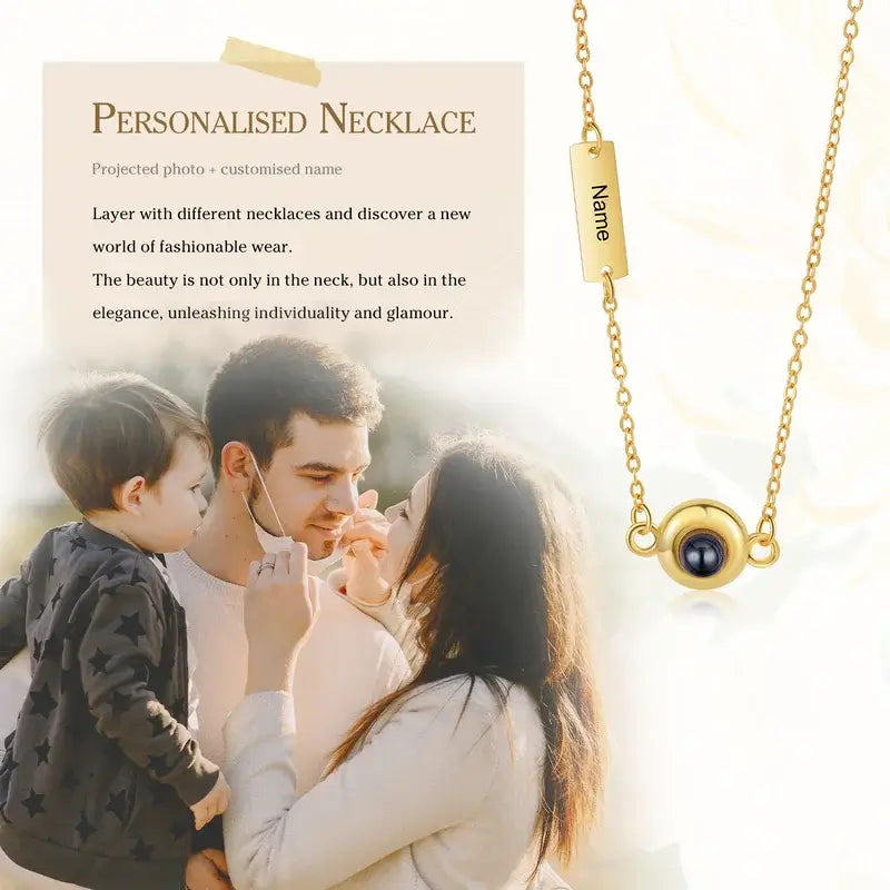 Gold Photo Projection Necklace with Engraved Name Bar