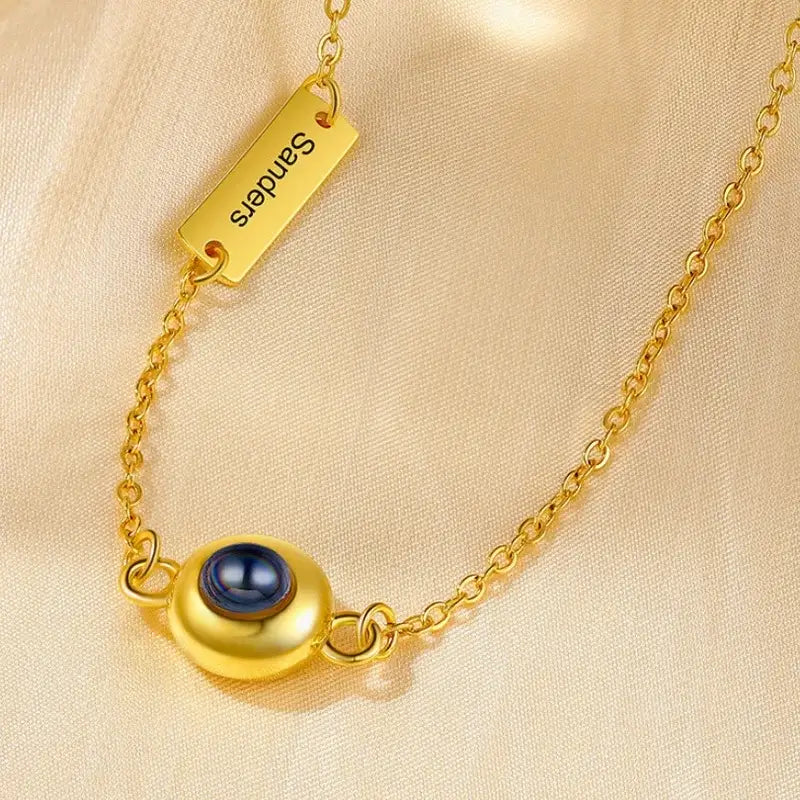 Gold Photo Projection Necklace with Engraved Name Bar