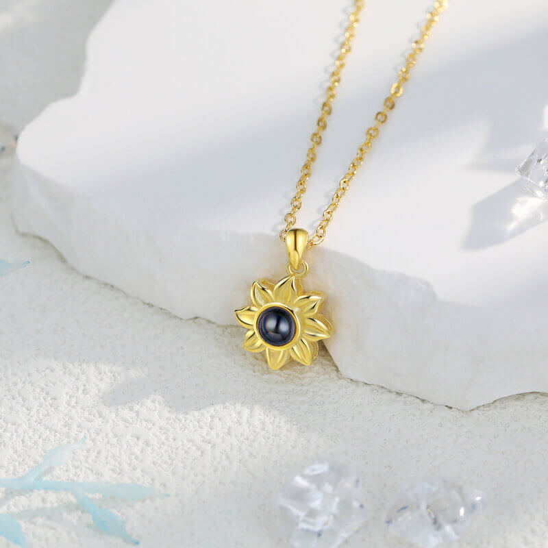 Necklace with Picture Inside | Sunflower Photo Projection Necklace Yellow Gold | Photo Projection Necklace
